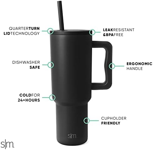 Simple Modern 40 oz Trek Tumbler with Handle and Straw Lid | Cup Holder Friendly Insulated Stainless Steel Travel Mug | Midnight Black