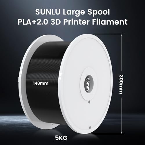 SUNLU 5KG PLA+2.0 3D Printer Filament, 5KG(11lbs) Large Spool PLA+ Filament 1.75mm, Tougher and Stronger, Dimensional Accuracy +/-0.02mm, 5KG/1 Spool, PLA+ Black