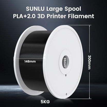 SUNLU 5KG PLA+2.0 3D Printer Filament, 5KG(11lbs) Large Spool PLA+ Filament 1.75mm, Tougher and Stronger, Dimensional Accuracy +/-0.02mm, 5KG/1 Spool, PLA+ Black