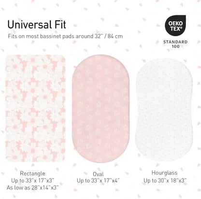 Gllquen Baby Muslin Bassinet Sheets 3 Pack, Breathable Elastic Cozy Fitted Cotton Bassinet Mattress Sheet for Baby Boy Girls, Fit for Hourglass Oval Rectangular Cradle Pad Sheets 33"x17" (Pink)