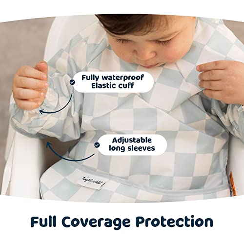 Tiny Twinkle Mess Proof Baby Bib,Waterproof Smock Baby Bib for Eating,Machine Washable Long Sleeve Bib,Baby Led Weaning,Toddler Bib,BLW Supplies(Checkers Sage, Small 6-24 Months)