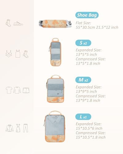 BAGSMART 6 Set Compression Packing Cubes - Lightweight Travel Essentials, Durable Luggage Organizer