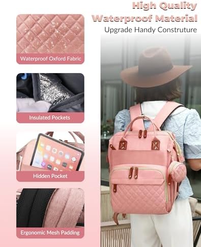 Diaper Bag with Changing Station, Waterproof 3 in 1 Baby Diaper Backpack with Foldable Changing Pad, Large Travel Back Pack for Baby Girl Boy, Peach Pink