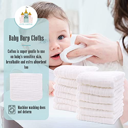 Cute Castle 24 Pack Muslin Baby Burp Cloths - Ultra-Soft 100% Cotton Baby Washcloths - Large 20'' by 10'' Super Absorbent Milk Spit Up Rags - Burpy Cloths for Unisex, Boy, Girl - White