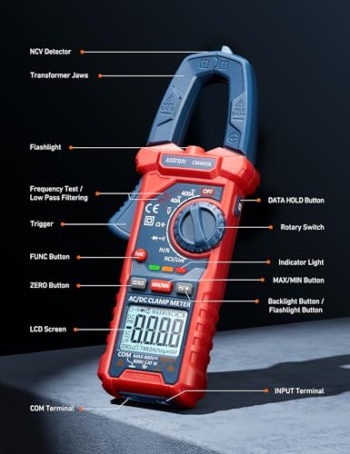 AstroAI Digital Clamp Meter Multimeter 4000 Counts Auto-ranging Amp Tester Measuring AC/DC Voltage & Current, Resistance, Capacitance, Frequency, Continuity, Live Wire Test, NCV Detection