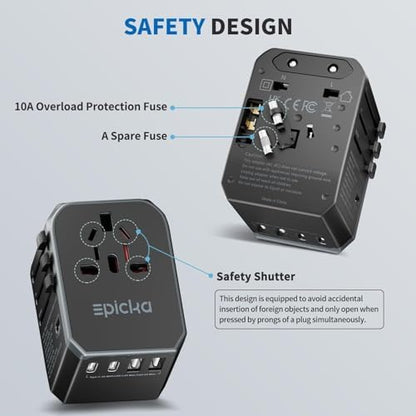EPICKA Universal Travel Adapter, International Power Adapter with 2 USB-A & 3 USB-C Ports Wall Charger - Worldwide Travel Essentials, European Travel Plug Adapter for UK/US/AU (TA-105C, Black)