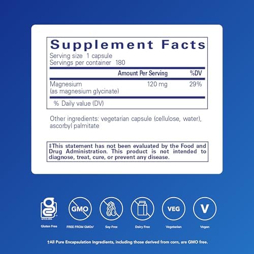 Pure Encapsulations Magnesium (Glycinate) - Supplement to Support Stress Relief, Sleep, Heart Health, Nerves, Muscles, and Metabolism* - with Magnesium Glycinate - 180 Capsules