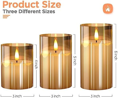 Glass Battery Operated LED Flameless Candles with Remote and Timer, Real Wax Candles Warm Color Flickering Light for Festival Wedding Home Party Decor(Pack of 3)-Gold