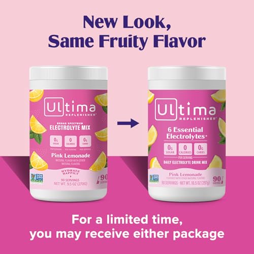 Ultima Replenisher Daily Electrolyte Powder Drink Mix – Sugar Free – Pink Lemonade, 90 Serving – Hydration Powder with 6 Key Electrolytes and Trace Minerals – Keto Friendly, Vegan, Non-GMO