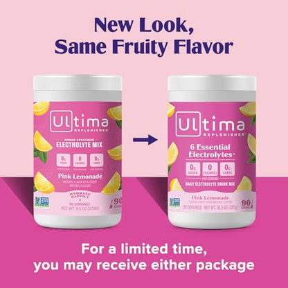 Ultima Replenisher Daily Electrolyte Powder Drink Mix – Sugar Free – Pink Lemonade, 90 Serving – Hydration Powder with 6 Key Electrolytes and Trace Minerals – Keto Friendly, Vegan, Non-GMO
