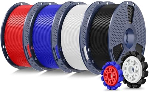 SUNLU PLA+2.0 3D Printer Filament Bundle, 4KG Upgrade PLA+ Filament 1.75mm, Tougher and Stronger, Dimensional Accuracy +/-0.02mm, 1KG per Spool, 4 Packs, 4KG Total, Black+White+Klein Blue+Red