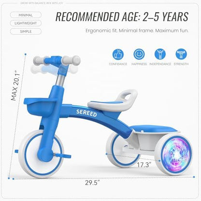 SEREED Colorful Lighting Toddler Tricycle for 2-5 Years Old Boys Girls, Adjustable Seat&Handlebar Trike, Removable Basket, Birthday Gift Idea for Kids Ages 2+ (Blue)