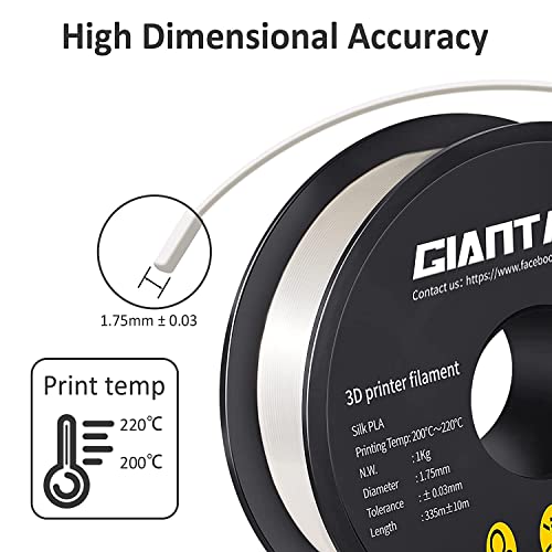 GIANTARM 3D Printer Filament, Silk White Pla Filament, 1Kg(2.2lbs) Spool, 1.75mm Dimension Accuracy +/- 0.03mm, 3D Printing Filament