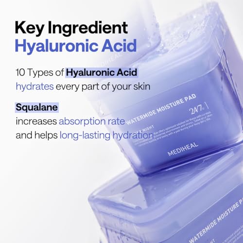 MEDIHEAL Watermide Moisture Pad - Square Cotton Facial Toner Pads with Icelandic Glacial Water - Improve Skin Temperature, Hydrating to Dry, Puffy, Coarse Skin -Vegan Eco Silk,100 Pads