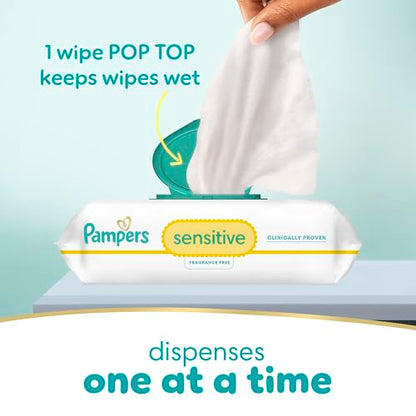 Pampers Sensitive Baby Wipes, Water Based, Hypoallergenic and Unscented, 6 Flip-Top Packs (504 Wipes Total)