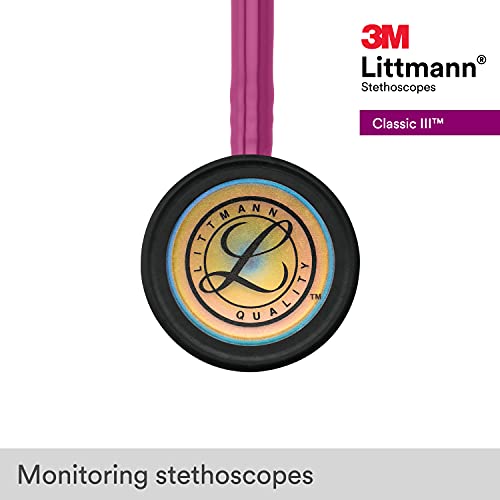 3M Littmann Classic III Monitoring Stethoscope, 5806, More Than 2X as Loud, Weighs Less, Stainless Steel Rainbow-Finish Chestpiece, 27" Raspberry Tube, Brass Stem and Headset