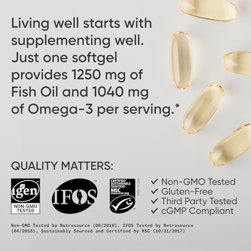 Sports Research Triple Strength Omega 3 Fish Oil Supplement - EPA & DHA Fatty Acids from Wild Alaskan Pollock - Heart, Brain & Immune Support for Adults, Men & Women - 1250 mg Capsules (30 ct)