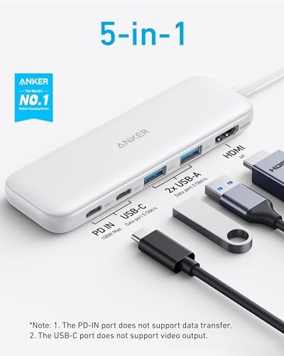Anker USB C Hub, 5-in-1 USBC to HDMI Splitter with 4K Display, 1 x Powered USB-C 5Gbps & 2×Powered USB-A 3.0 5Gbps Data Ports for MacBook Pro, MacBook Air, Dell and More (White)
