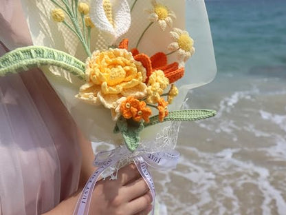 Crochet Flower Bouquet Golden Peonies Tulip - Retirement, Birthday, Graduation & Father's Day Gift - Eco-Friendly Hypoallergenic Florals Handmade by Artisan Moms