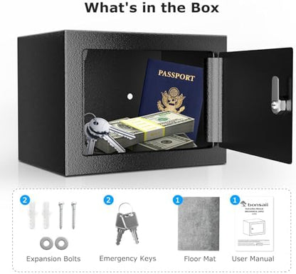 Bonsaii Safe Box with Key Lock, Steel Security Lock Box, 0.23 Cubic Feet, 9.06" W x 6.69" D x 6.69" H, Small Hidden Safe for Cash Jewelry