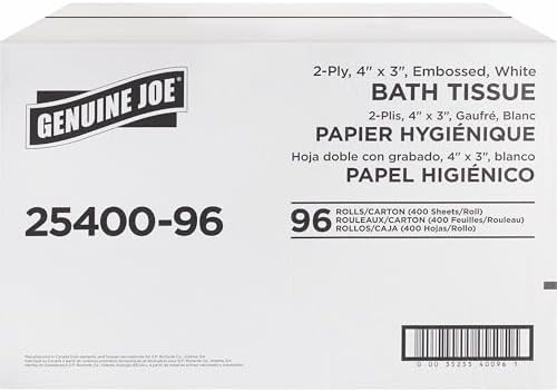 Genuine Joe Standard Bath Tissue, 3" x 4", 2-Ply, 400 Sheets/Roll, 96 Count