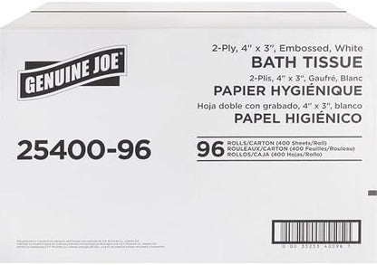 Genuine Joe Standard Bath Tissue, 3" x 4", 2-Ply, 400 Sheets/Roll, 96 Count