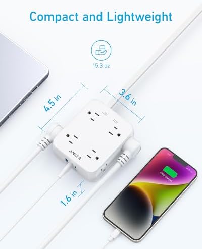 Anker Surge Protector Flat Plug Power Strip 2000J, 5ft Thin Extension Cord, 8 Outlets,2 USB A and 1 USB C Port,20W for iPhone15,Wall Mount,Compact for Home,Office,Room,TUV Listed