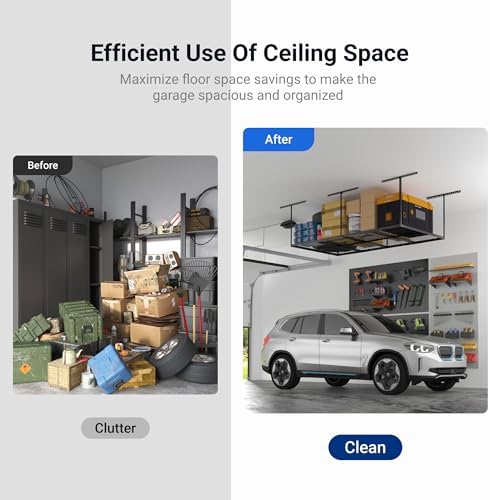 FLEXIMOUNTS 4x8 Overhead Garage Storage Rack, Adjustable Garage Storage Organization Systerm, Heavy Duty Metal Garage Ceiling Storage Racks, 600lbs Weight Capacity, Black