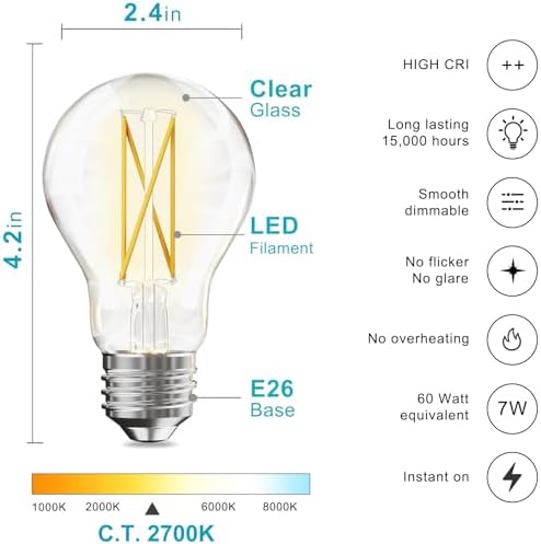 TJOY 12 Pack A19 Vintage LED Edison Bulbs, Dimmable, 60W Equivalent, High Brightness 2700K Warm White, 7W E26 Standard Base, 800 Lumens, CRI80+, Clear Glass Filament Bulb for Home, Farmhouse