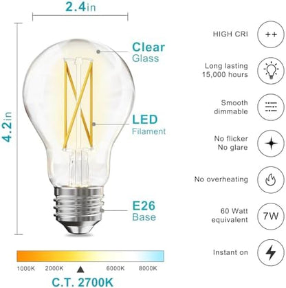 TJOY 12 Pack A19 Vintage LED Edison Bulbs, Dimmable, 60W Equivalent, High Brightness 2700K Warm White, 7W E26 Standard Base, 800 Lumens, CRI80+, Clear Glass Filament Bulb for Home, Farmhouse