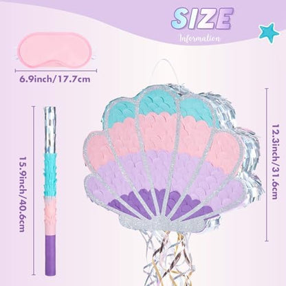 Wernnsai Mermaid Seashell Piñata - Pink Shellfish Pinatas for Kids Girls Birthday Mermaid Princess Party Decorations Under The Sea Ocean Theme Party Games With Bat Blindfold 16“ x 12.5" x 3"