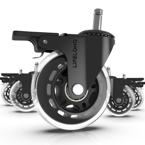 Lifelong Office Chair Wheels Replacement Rubber Chair Casters for Hardwood Floors and Carpet, Set of 5, Heavy Duty Casters for Chairs to Replace Office Chair Mats - Fits 98%