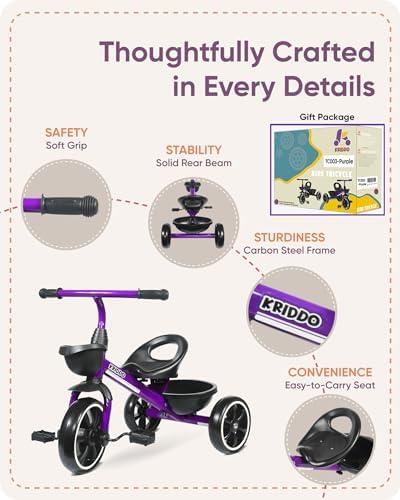 KRIDDO Kids Tricycles Age 24 Month to 4 Years, Toddler Kids Trike for 2.5 to 5 Year Old, Gift Toddler Tricycles for 2-4 Year Olds, Trikes for Toddlers, Purple