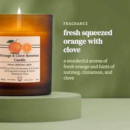 Orange Clove Organic Beeswax Candle | 2 Ingredients | 100% Pure Beeswax Candles, Non Toxic, Natural, Organic Candles, Beeswax Candles Scented, Non Toxic Candles, 80 Hour, 10oz
