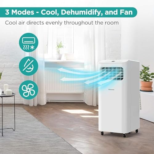 Hisense Portable Air Conditioner 6,000 BTU Cooling Dehumidifier Fan for Smaller Room up to 250 sq ft, Remote Control, White (Renewed)