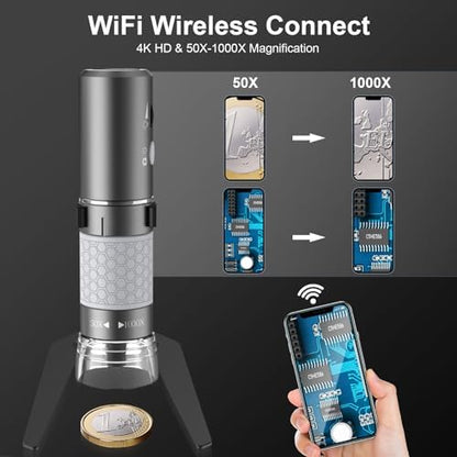 4K HD Wi-Fi Wireless Digital Microscope Camera Magnifier, Compatible for iPhone, iPad, Android Phones and PC