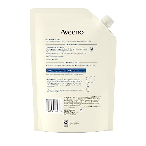 Aveeno Skin Relief Fragrance-Free Body Wash Refill with Oat to Soothe Itchy, Dry Skin, Gentle, Formulated without Soaps, Dyes, Parabens, Phthalates & Alcohol, for Sensitive Skin, 36 fl. oz (Pack of 2)