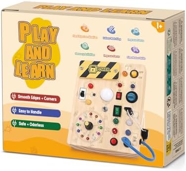 Busy Board, Montessori Toy for 1-3 Years Old, Wooden Toddler Sensory Travel Toy, Ideal Gift for 1+ Year Old Boys (Busy Board Plus V2), Medium, Yellow