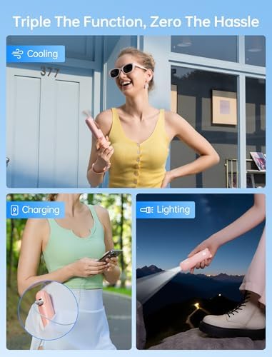 JISULIFE Handheld Mini Fan, 3 IN 1 USB Rechargeable Portable Fan [12-19 Working Hours] with Power Bank, Flashlight, Pocket Design for Travel/Summer/Concerts/Lash, Gifts for Women (Pink)