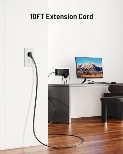 Surge Protector Power Strip 4800J, LeZone 10Ft Long Extension Cord Flat Plug, 12 Outlets 2 USB C 2 USB Ports, Wall Mountable, 20W Desk Charging Station, Black