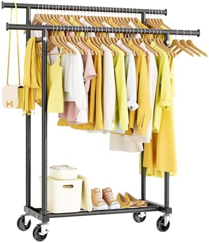 Double Rods Clothes Rack, Rolling Clothing Rack for Hanging Clothes Portable Wardrobe Rack, Metal Garment Rack Sturdy Coat Rack for Bedroom Laundry Living Room, Black