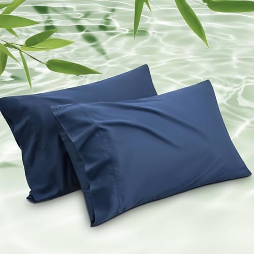 Bedsure Cooling Pillow Cases Queen Size Set of 2, Rayon Derived from Bamboo Cooling Pillowcases for Hot Sleepers, Cool Pillow Covers with Envelope Closure for Women Men, Navy Blue, 20x30 Inches