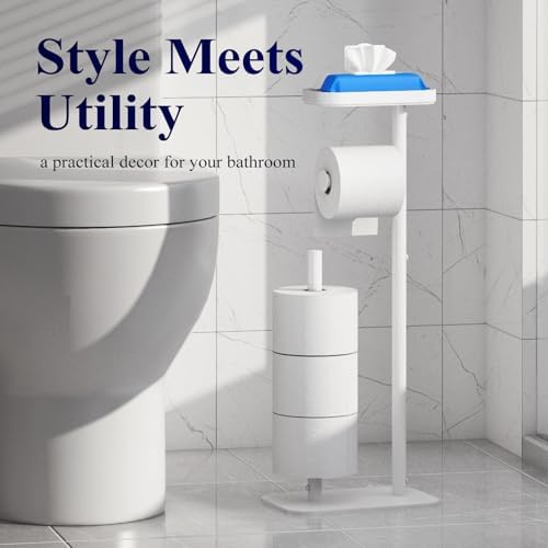 Kitsure Toilet Paper Holder Free Standing – Rustproof Metal Toilet Paper Stand for 4 Rolls with Anti-Slip Base and Shelf for Phone & Small Items, Bathroom Organizers and Storage, Large, White