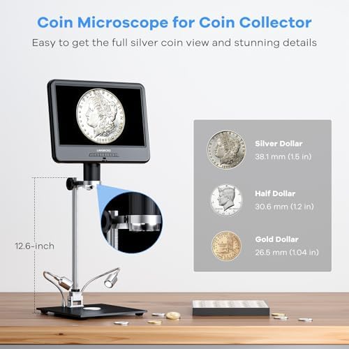 LM210 10.1'' LCD Coin Digital Microscope Full View for Error Coins, Soldering Microscope Camera for Electronics Repair, 260X Adults Coin Magnifier with Lights, [12.6'' Microscope Stand] 32G
