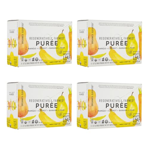 White Leaf Provisions Organic Purees / Baby Food Pouches - Fruits, Veggies & Grains, Toddler snack, Regeneratively Farmed, No Added Sugar, Non-GMO, BPA-Free Pouches 3.17 oz (Pack of 24, Mango + Carrot + Banana + Pear)