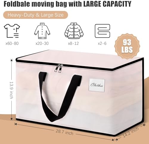 Heavy Duty Moving Bags - Extra Large Packing Bags and Storage Totes, Collapsible and Foldable Option for Moving and Storage, Multicolored, 93 L - 6 Pack