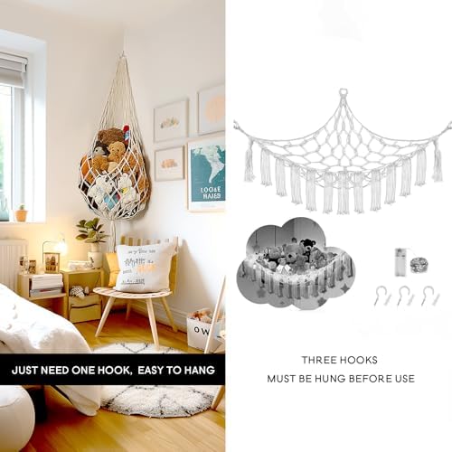 Stuffed Animal Storage Organizers Corner Hanging Net Stuffy Animal Hammock Macrame Toy Display Plush Toy Holder Wall, Kid Bedroom Decor Boho Nursery Playroom Organizer (Cream)