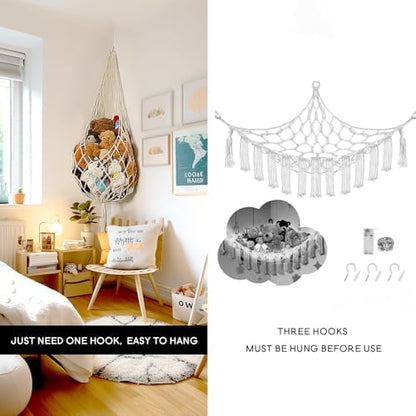 Stuffed Animal Storage Organizers Corner Hanging Net Stuffy Animal Hammock Macrame Toy Display Plush Toy Holder Wall, Kid Bedroom Decor Boho Nursery Playroom Organizer (Cream)