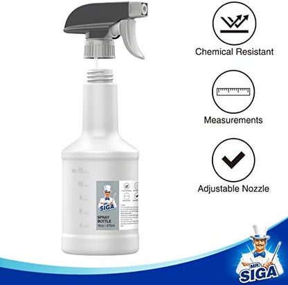 MR.SIGA 16 oz Empty Plastic Spray Bottles for Cleaning Solutions, Heavy Duty Household Reusable Spray Bottles with Measurements and Adjustable Leak Proof Nozzle, 3 Pack