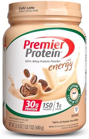 Premier Protein Powder, Cafe Latte, 30g Protein, 1g Sugar, 100% Whey Protein, Keto Friendly, No Soy Ingredients, Gluten Free, 17 Servings, 23.9 Ounce (Pack of 1)